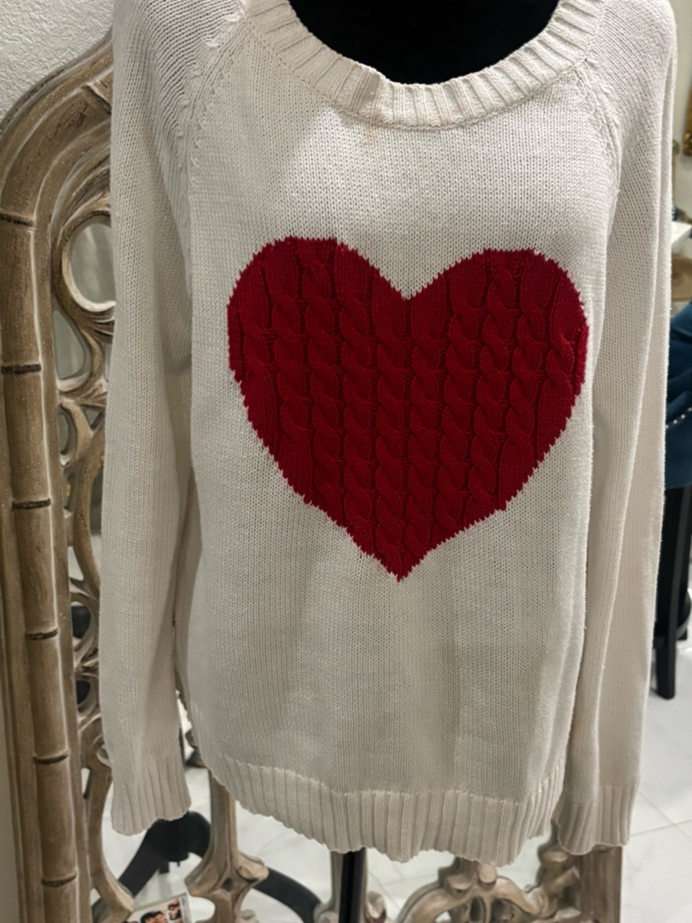 Miracle Cream Knit Sweater with Red Heart